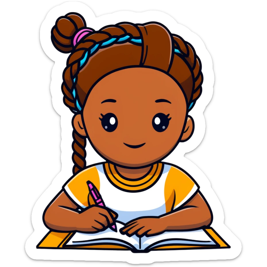 African girl student with brown skin and braided hair writing with book and pen sticker