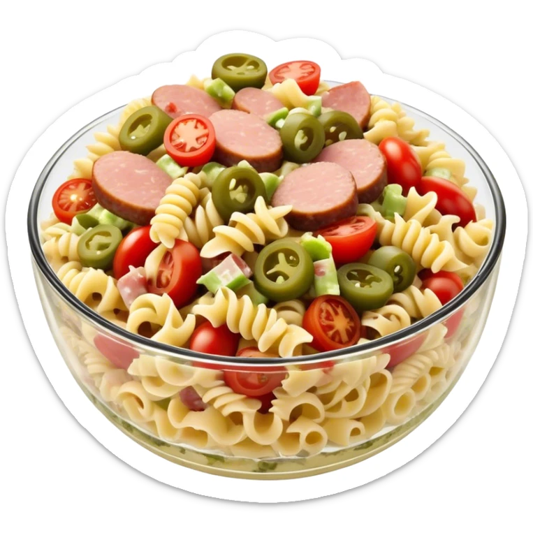 Fusilli pasta salad with chopped pork sausage, chopped gherkins, chopped cocktail tomatoes and mayonnaise sticker