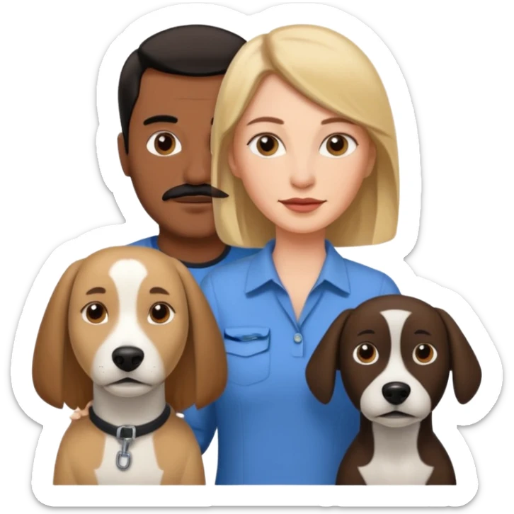 Quiero a una mujer blanca  con el pelo por el hombro lacio castaño claro con un hombre morochito con el pelo negro y bigote, y un perro blanco tipo perro cabeza de martillo sticker