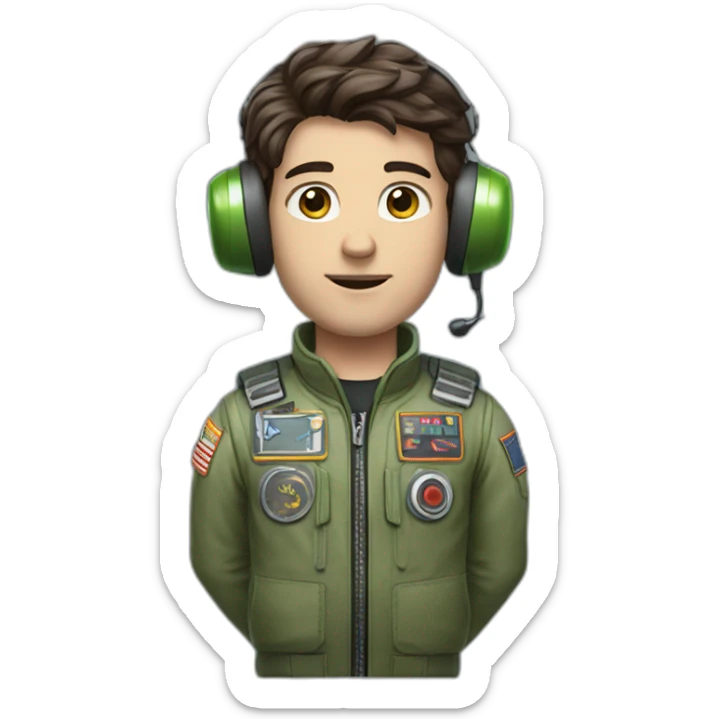 A young white male tennager with dark brown hair and brown eyes in a pilot suit and wearing a green Pilot headset sticker