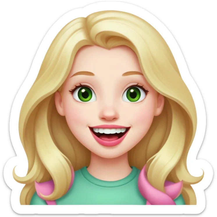 Young girl with pale skin, full pink lips smiling, blonde reddish long hair, big brown eyes with a hint of green, big mouth sticker