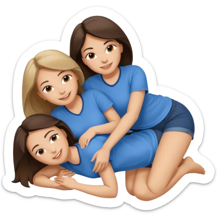 two white brunette women lying down full body on top of each other wrapped around each other one wearing a blue shirt sticker