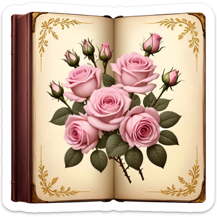 Antique book with pressed light pink roses, golden details on the cover, soft vintage lighting. sticker