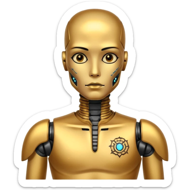 gold Tatooed robot, big many tatooes on chest, neck and face, tatoo on face sticker