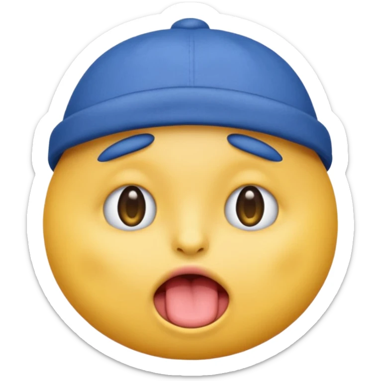 An emoji with a blue hat on its head and 1 blink and tongue sticking out sticker