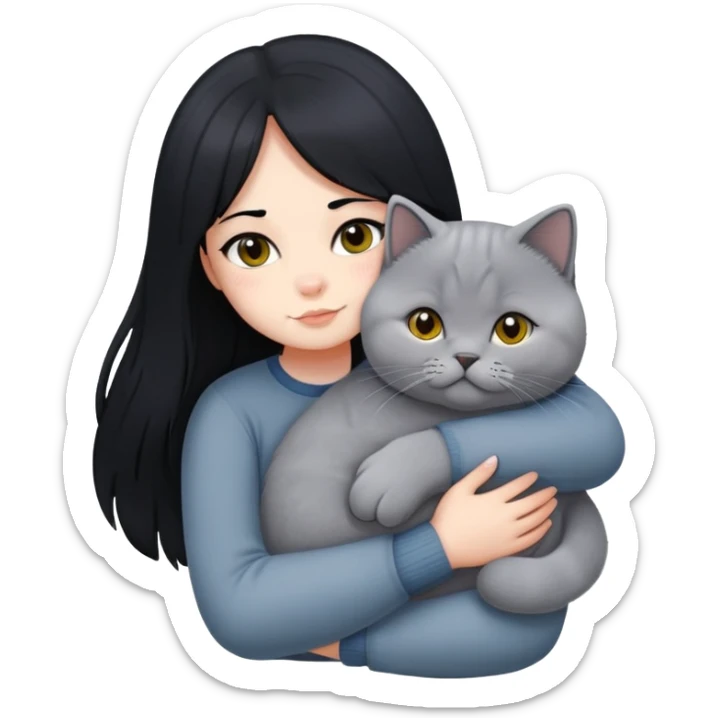 A girl with long black  hair tightly hugged a british shorthair sticker