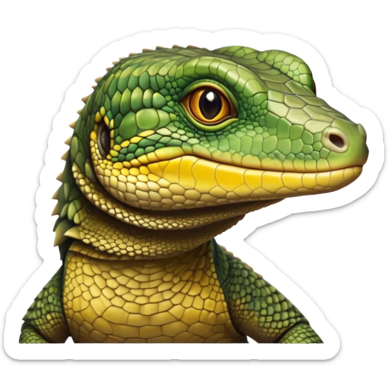 cinematic-realistic-cute-monitor-lizard-portrait-emoji,-head-tilted-playfully-and-inquisitively,-featuring-a-compact,-agile-body-with-finely-detailed,-glossy-scales-in-earthy-olive-hues-and-a-distinct,-alert-face-with-bright,-curious-eyes, yellow, brown spotted and green multi coloured  scales sticker
