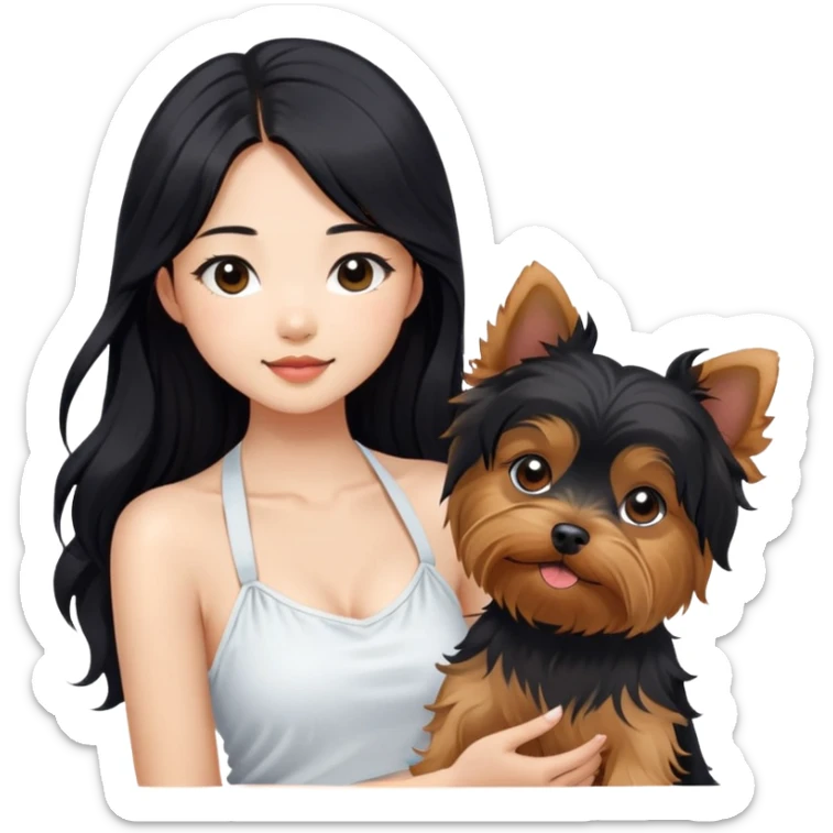 A pretty Asian girl with long, luscious wavy black hair (loose, no hair tie), wearing a white sleeveless halter top. She's holding a Yorkshire Terrier.  sticker
