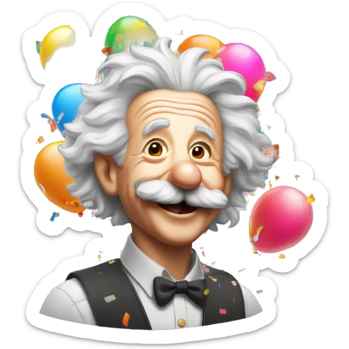 Japoy albert einstein with lots of colourful confetti and party balloons and thumbs up sticker