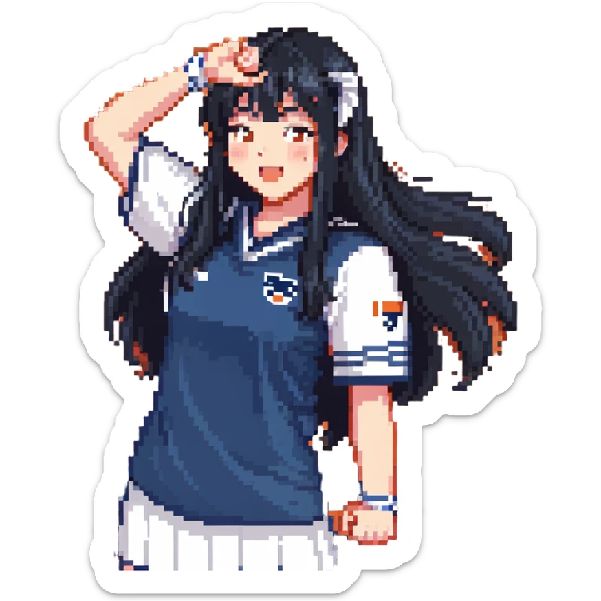 East Asian woman with long black straight hair and bangs wearing navy and white Doosan Bears team colors, cheering sticker