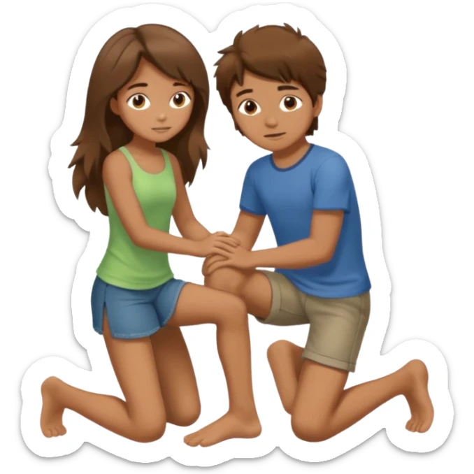 barefooted boy with messy brown hair yellow putting his foot on a kneeling girl sticker