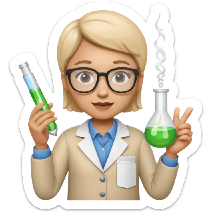 Apple Memoji-style 3D emoji of a researcher wearing glasses holding papers or a test tube, clean gradients, rounded shapes, no background. sticker