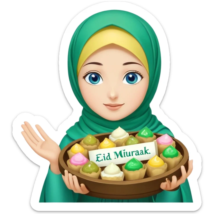Turkish beautiful finish Konya girl blue eyes with green emerald yellow hijab islamic dress and had on her hand text Eid Mubarak with sweets and celebrating with her friends eid days   sticker