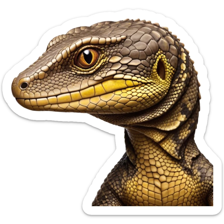 Cinematic Noble brown camo spotted monitor Lizard Portrait Emoji, Poised and regal, with a robust, scaled body exhibiting striking, mottled patterns and piercing, alert eyes, Simplified yet sharp and sophisticated features, highly detailed, glowing with a soft, earthy glow, high shine, intelligent and formidable, stylized with an air of ancient wilderness, focused and commanding, soft glowing outline, capturing the essence of a watchful and confident reptilian guardian that appears ready to stride out of the screen with effortless authority! sticker