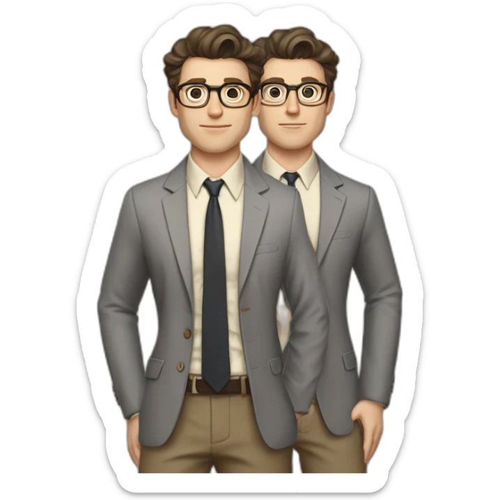Full height Pale skinned Fit Man With dark brown hair in gray jacket, beige office shirt, tie, Brown pants and vintage glasses. Thrumbs of his palms directed up sticker