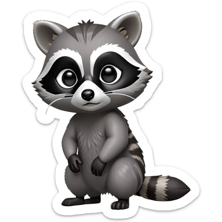 Cinematic-cute Raccoon-Realistic-hunched Full-Body on all fours-Emoji – Tail flicking lazily, head tilted dramatically, thick grey fur with a signature black mask, sharp and alert ears, simplified yet realistic focused features, highly detailed, glowing with an almost sarcastic glow big black eyes realistic body sticker