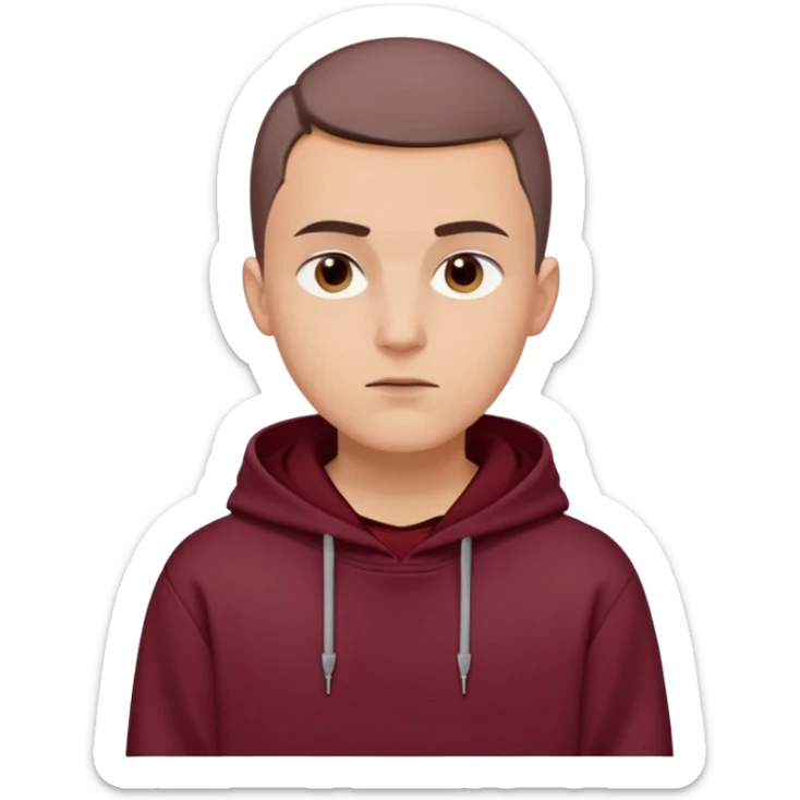 young European male, maroon hoodie with hood up, short brown buzzcut, smooth skin, oval face, defined jaw, high cheekbones, sharp eyes, straight eyebrows, neutral calm expression sticker