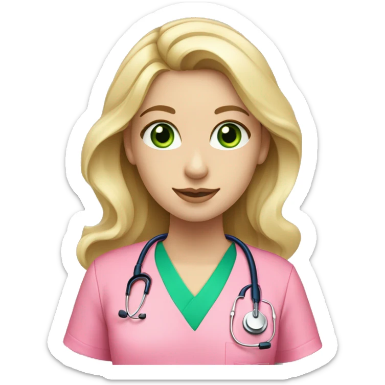 pale blonde girl with long wavy hair and green eyes wearing pink scrubs and stethoscope  sticker