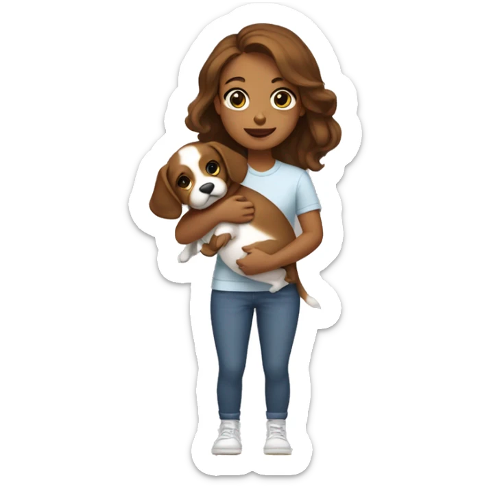 Girt with brown hair hold a little puppy in her arms sticker