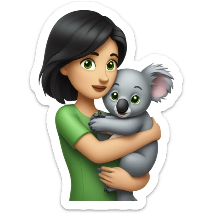black hair women that has green eyes kissing a really cute koala that hugs her  sticker