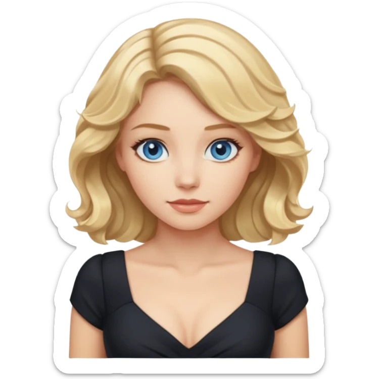 woman with blond wavy hair, tight black dress with a white line at the top, blue eyes sticker