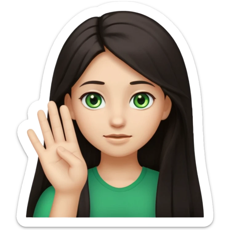 Animated girl dark long hair green eyes emoji holding right side of the head with her hand with duh facial expression  sticker