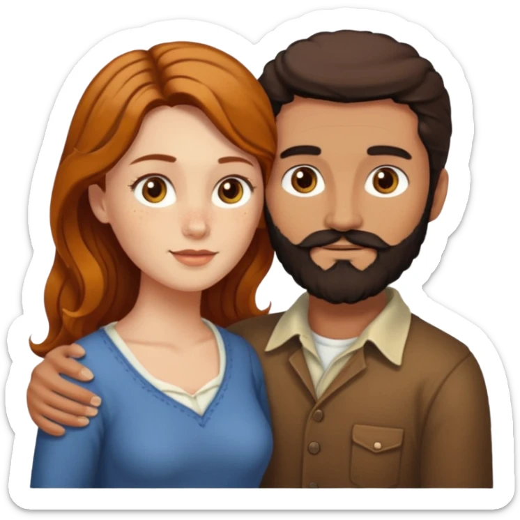Couple. Bald man with dark brown-black beard. White woman with many small, faded freckles, she has white skin and she has auburn-yellow-brown-cinnamon, dark long hair. She has light brown eyes. The man have hazel eyes. Retro style. They hug. sticker