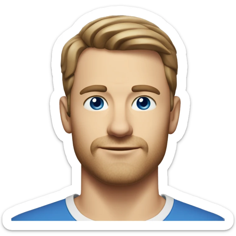 A head and shoulders shot of a 34 year old white man, with short brown hair, with stubble facial hair,   with blue eyes wearing a t-shirt. sticker