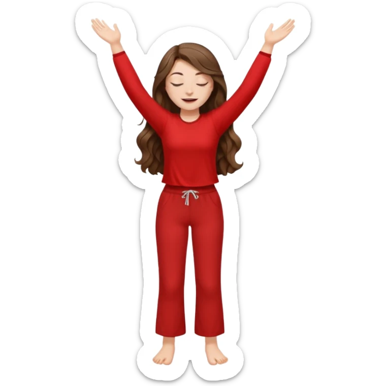 crie uma menina branca com cabelos castanhos longos ondulados, uma roupa de calça e blusa de manga curta na cor vermelho, com braços juntos para cima, olhos fechados e perna levantada sticker