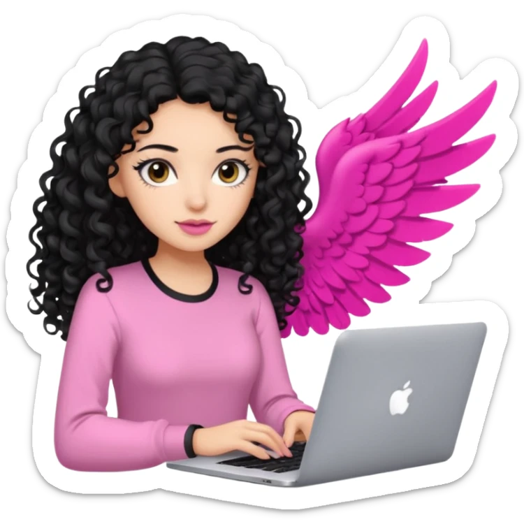 a girl typing mac book air with long black curly hair and brown eyes with winged black eyeliner, pink shirt sticker