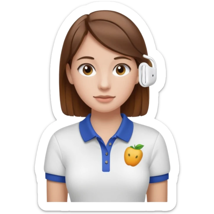 Girl with brown hair with airpods wearing a wegmans grocery store polo sticker