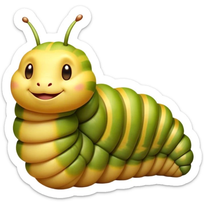 Beautiful and Majestic Caterpillar Portrait Emoji, Head and body rendered in serene repose with a gentle, content smile, showcasing a delicately segmented form with softly textured hues and eyes peacefully closed in tranquil slumber, Simplified yet exquisitely endearing features, highly detailed, glowing with a soft, drowsy natural light, high shine, relaxed and utterly noble, stylized with an air of graceful metamorphosis, soft glowing outline, capturing the essence of a beautiful and majestic caterpillar that embodies the quiet promise of transformation! sticker