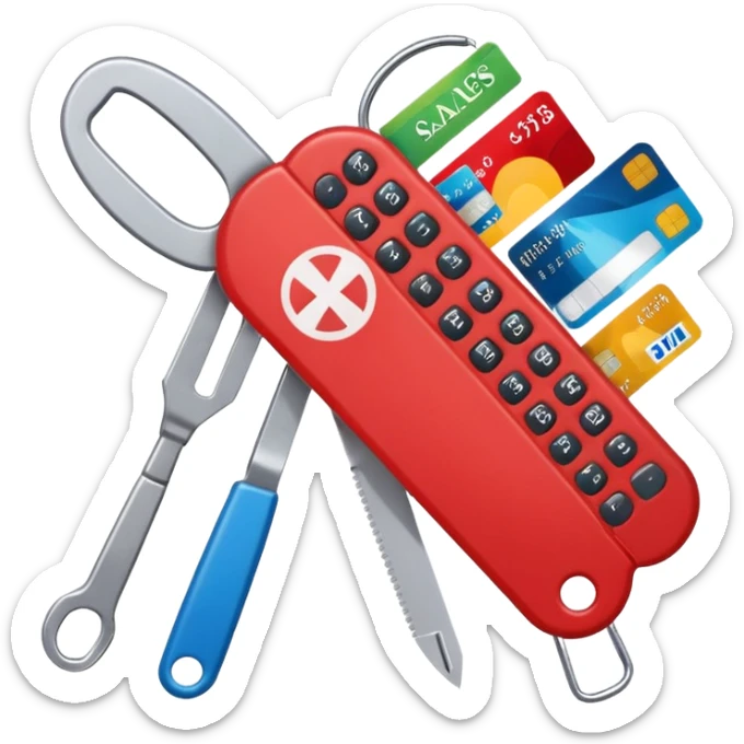 emoji of a swiss army knife with unfolded tools shaped as calculator, credit card, headset, and sales graph, symbolizing job functions related to calling customers for e-conomic, colorful and modern sticker