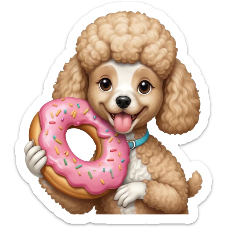 French poodle tamaño mediano hembra con una dona en la boca  sticker