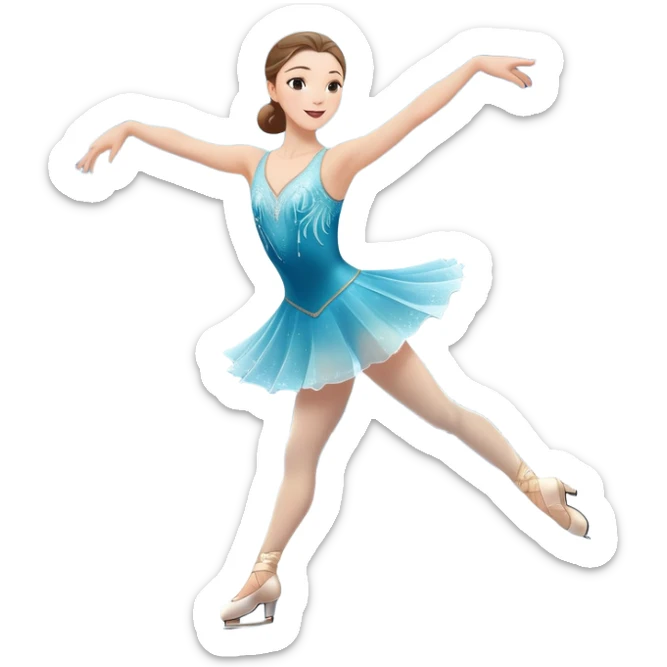 An icon showing a graceful figure skater mid-spin on a sparkling ice rink, arms extended in an elegant pose. The background features soft lights, festive decorations, and an audience in a cozy arena. Transparent background highlights beauty and artistry of figure skating sticker