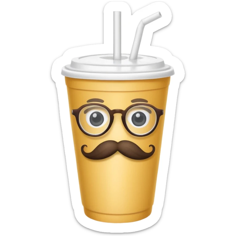 paper cup and white straw, the cup has eyes and mouth and glassess and mustache sticker