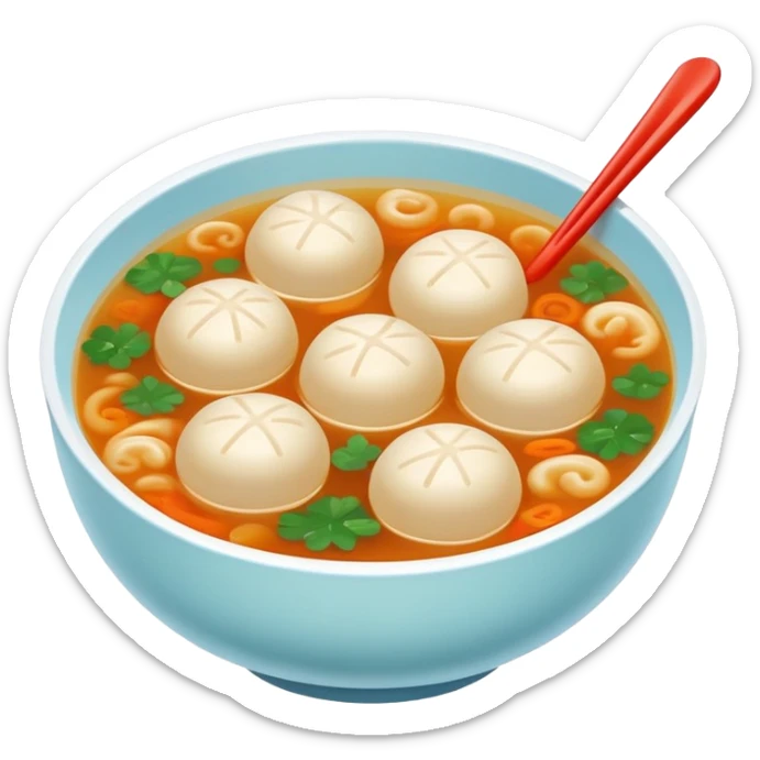 Fujian fish ball soup with clear broth in bowl, simplified emoji style with bold outlines and bright colors, cartoon style Southern Chinese breakfast Yu Wan Tang sticker
