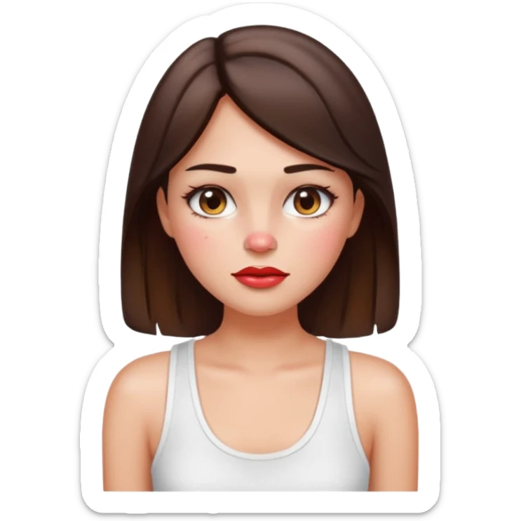 “Emoji brunette girl white tanktop, dewy skin, heavy blush across cheeks and nose bridge, glossy cherry lips, soft eyeliner, teary sparkling eyes like hanni from new jeans sticker