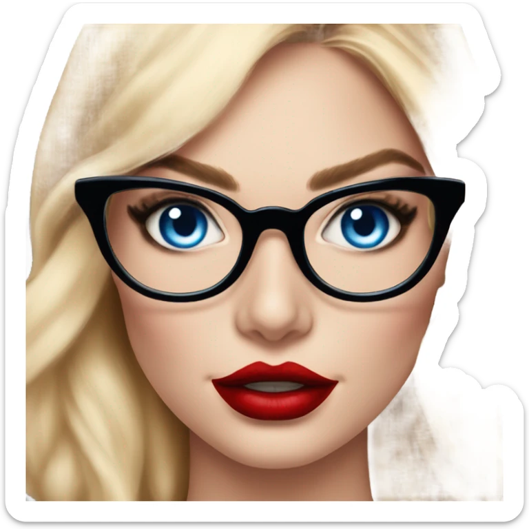 Real Margot Robbie, bright blue eyes and winged eye liner, red kisses, wearing black glasses  sticker