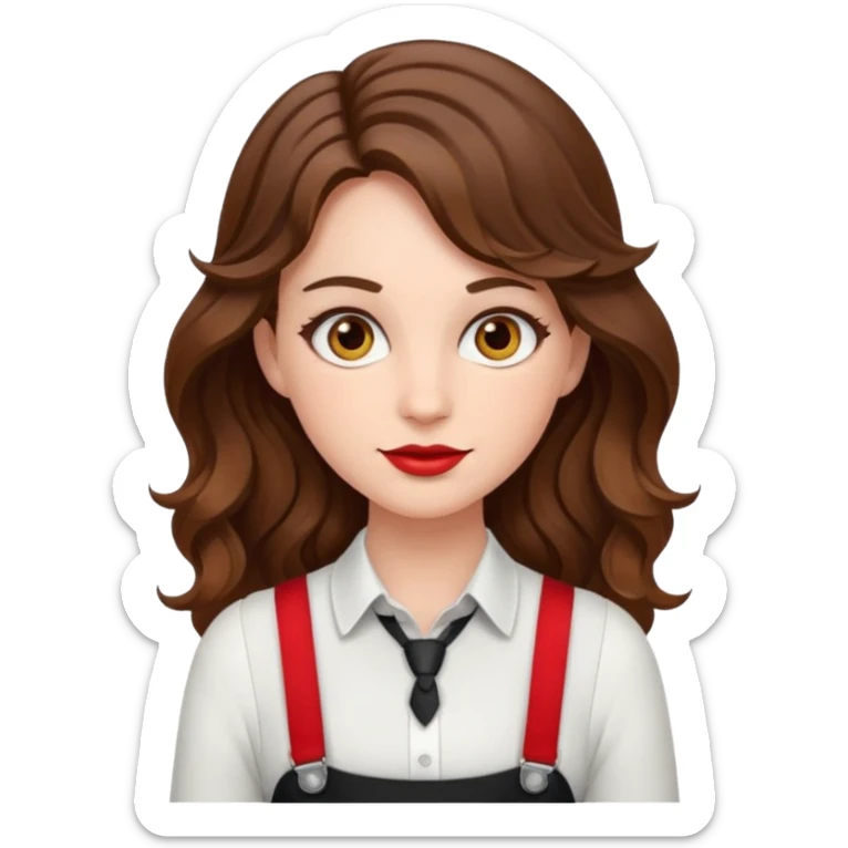 Woman with wavy brown hair and hazel eyes wearing black dress pants with red suspenders sticker