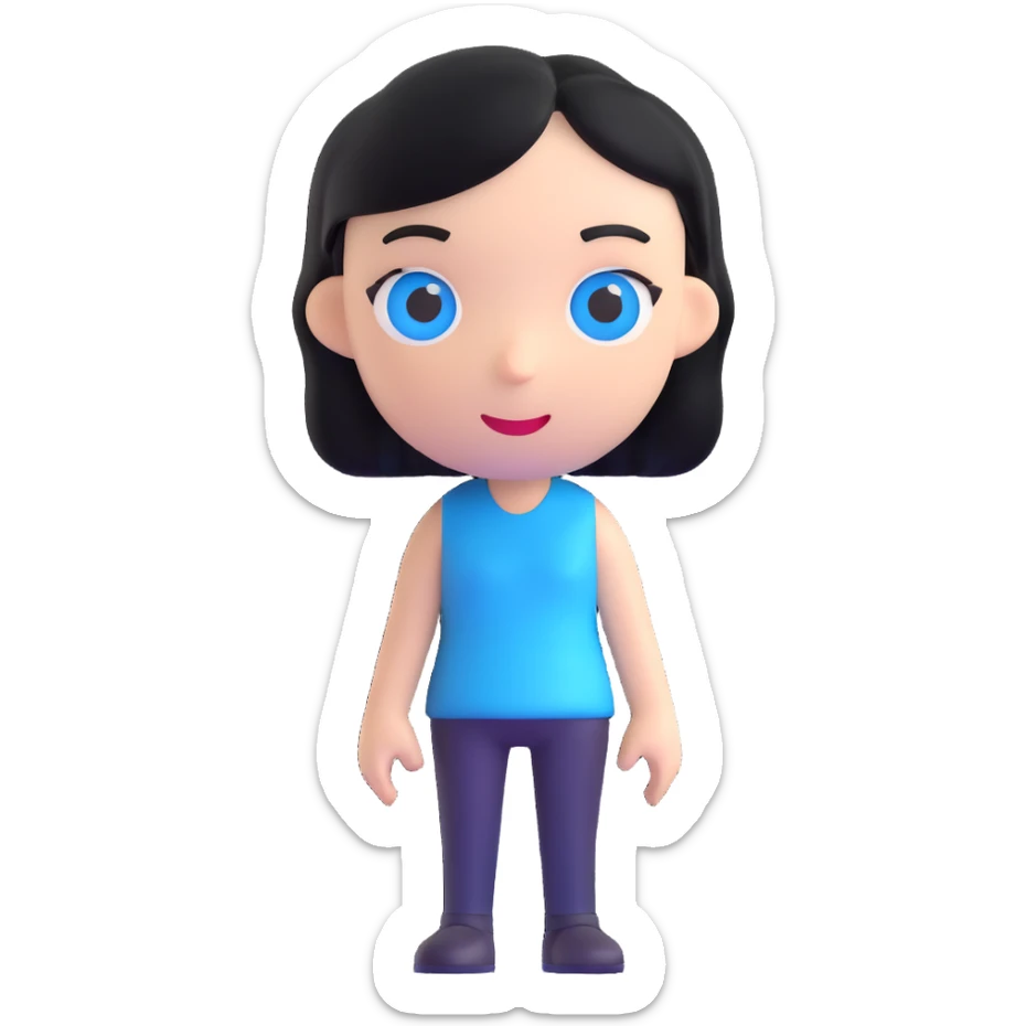AI emoji character with black hair and blue eyes, standing straight forward sticker