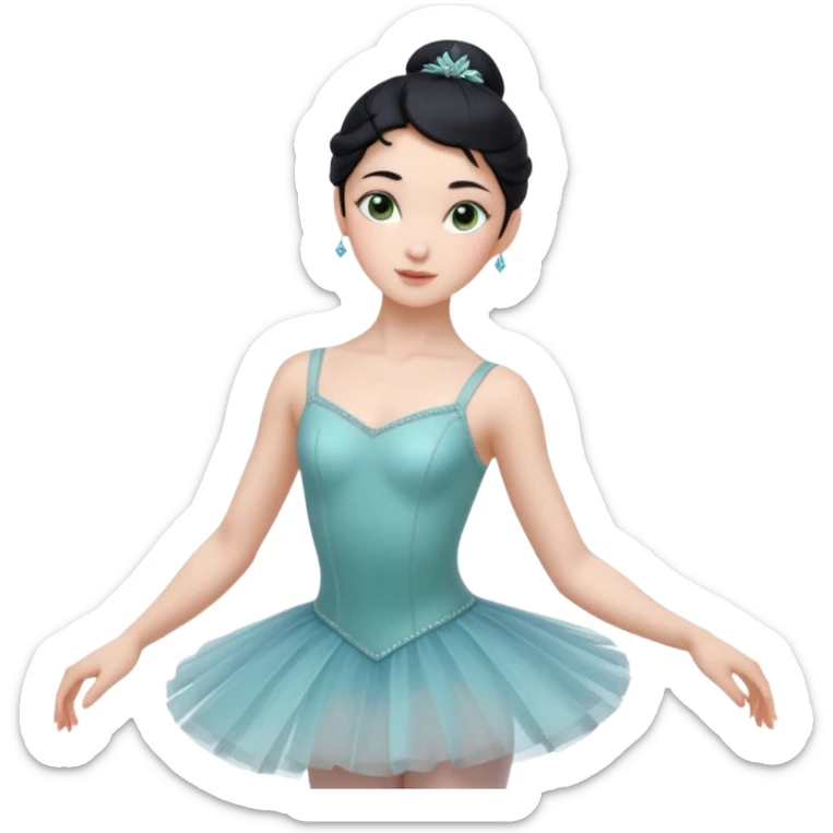Cinematic Realistic ballerina Medium Blue Portrait, depicted with lifelike skin texture, subtle rosy undertones, and soft natural lighting that enhances the gentle contours of her face. Her intricately detailed sweet black hair is elegantly styled, green eyes sticker