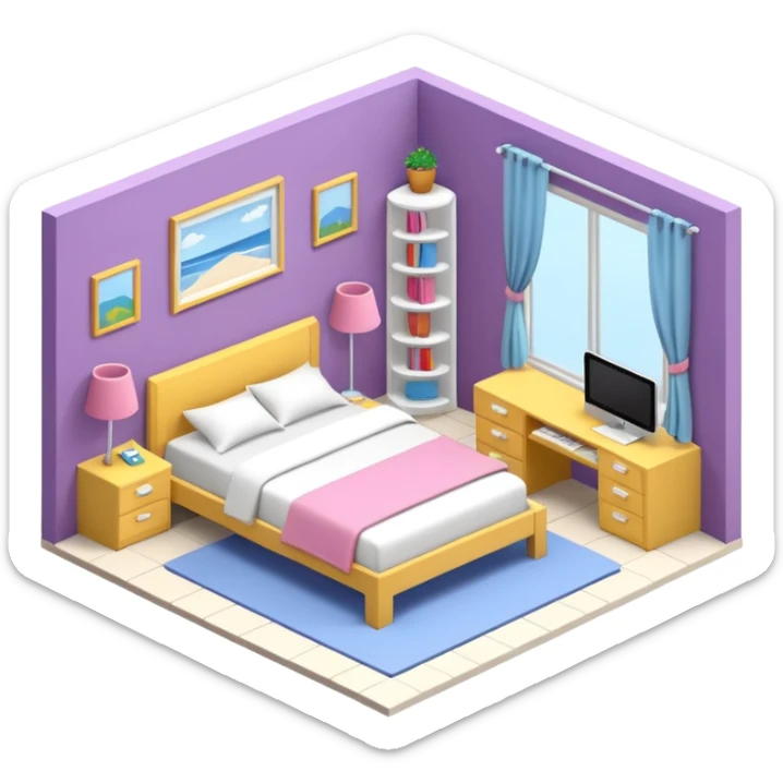 13 year old girls ultra realistic, ultra detailed large 3D view of bedroom, interior isometric sticker