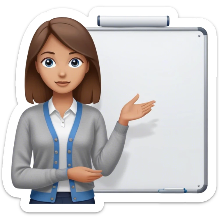 a young woman brown hair and blue eyes, with a in a cute gray cardigan and presenting on a white board sticker