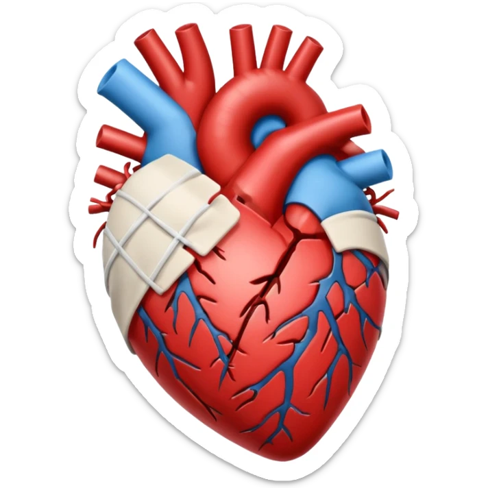 Un corazón humano roto con grietas  sangrando y expulsando sangre rodeado de vendas y tiritas que se despegan sin hacer efecto sticker