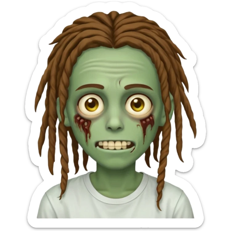 zombie teen with brown dreads covering forehead white tee golden eyes light green skin  and white smile sticker