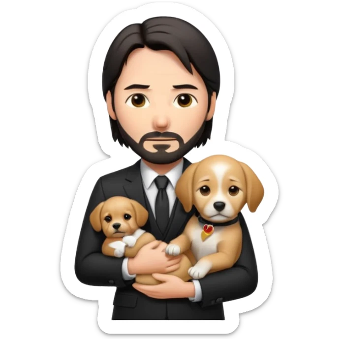 john wick as an apple-style emoji, holding a puppy, gentle expression, black suit sticker