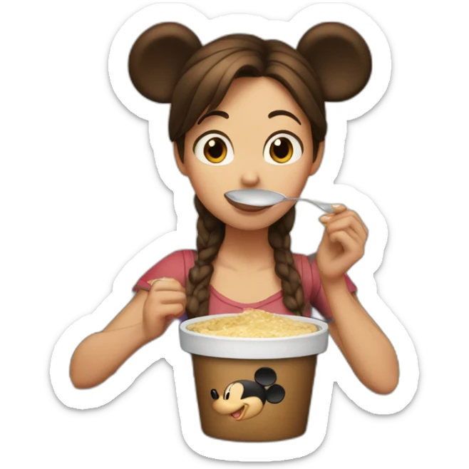 Woman medium brown hair and half tail,eating A pot of spread,  with mickey mouse ears sticker