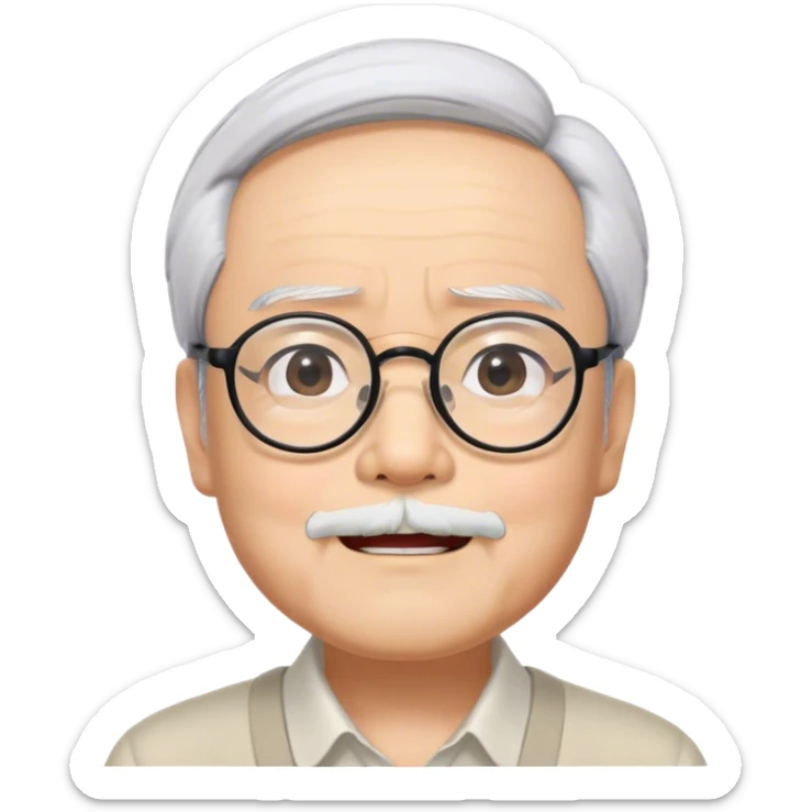 ​Cinematic Realistic Portrait of Hayao Miyazaki, depicted with defined black eyebrows, and large rectangular glasses, his happy expression rendered in lifelike detail, illuminated with soft, realistic lighting that emphasizes his creative genius, sticker