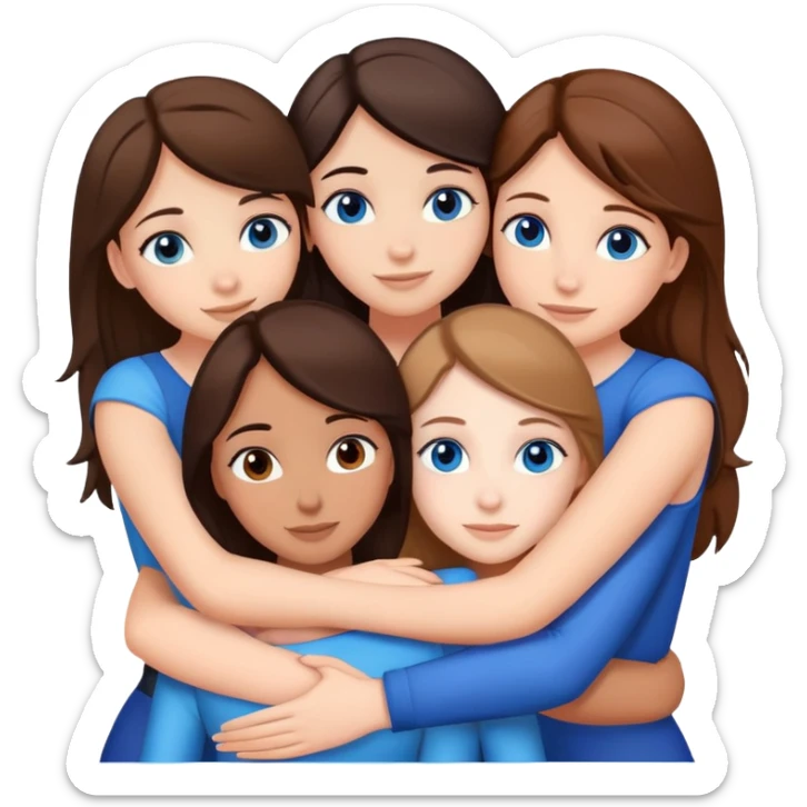 5 brunette white girls hugging 3 of them have brown eyes 2 have blue eyes sticker